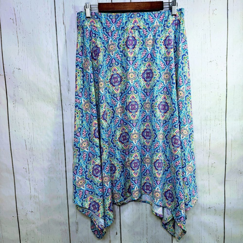 Vintage Ashley Blue Multi Paisley Boho Handkerchief Hem Skirt XL Festival Gypsy